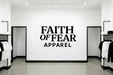 Logo of 'Faith of Fear Apparel' with black text on a white background