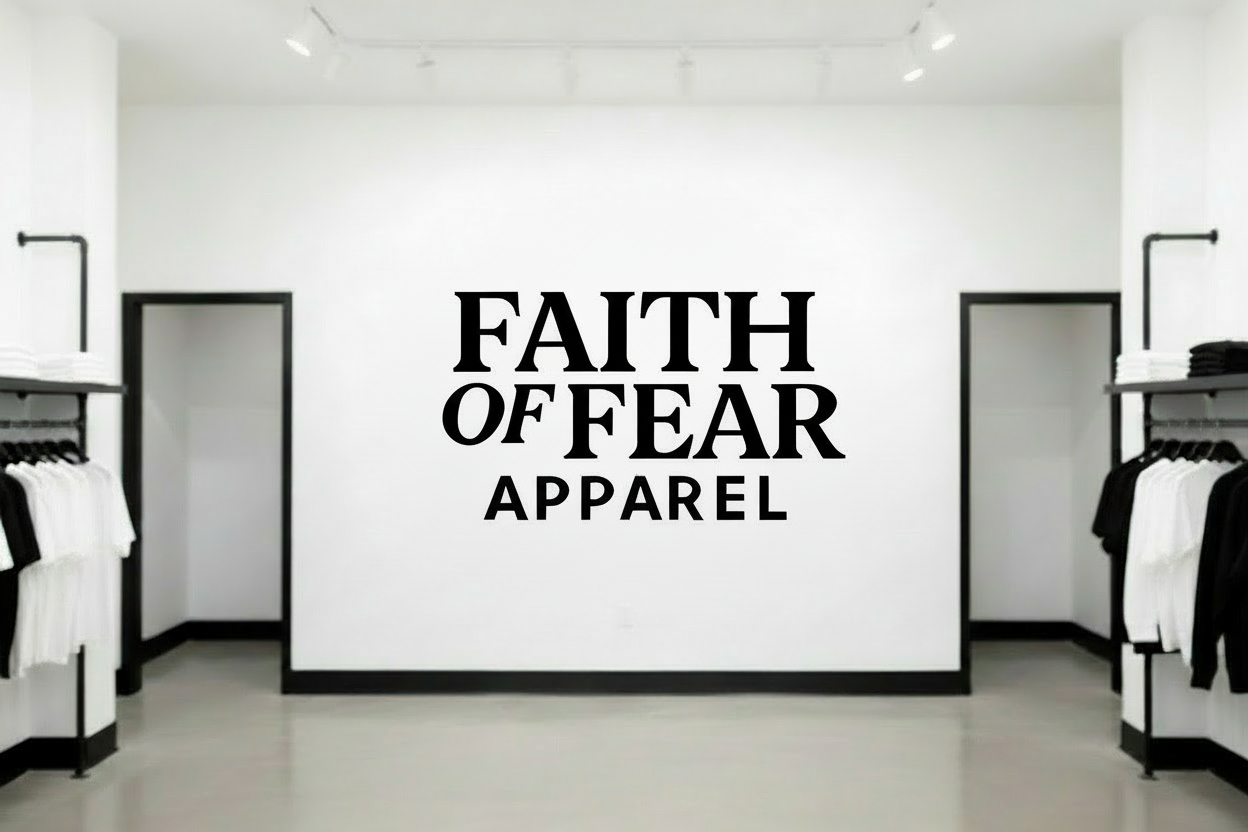 Logo of 'Faith of Fear Apparel' with black text on a white background